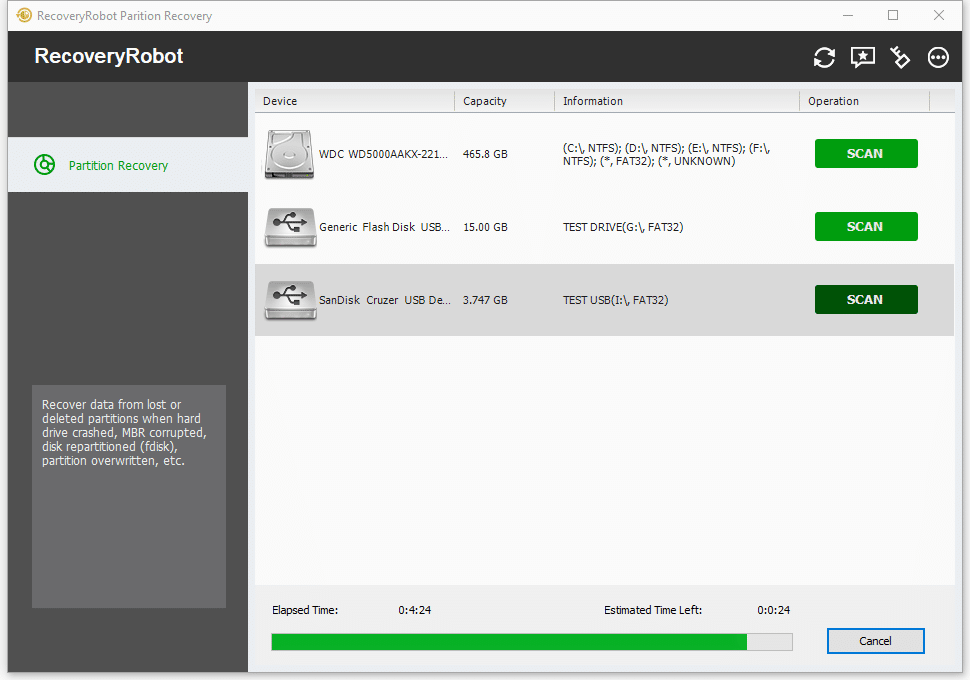 Scan for lost and deleted partitions