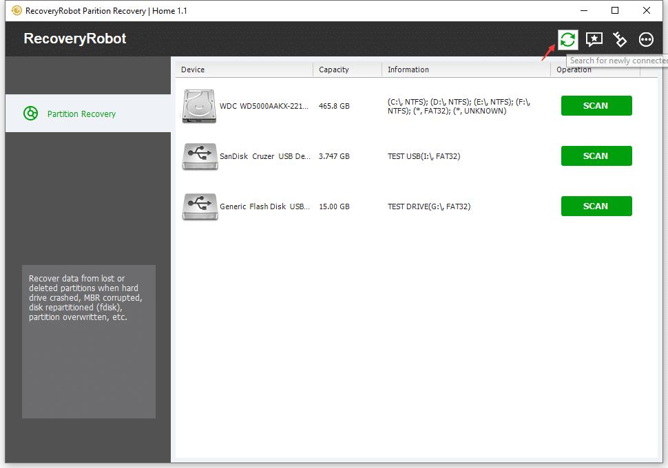 Partition Recovery - search for new device