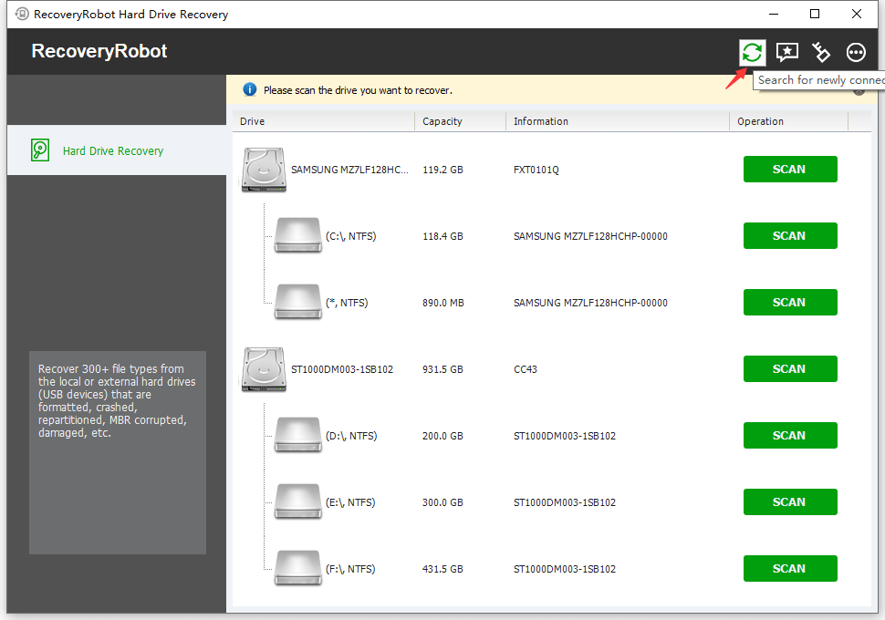 Hard Drive Recovery - search for new devices