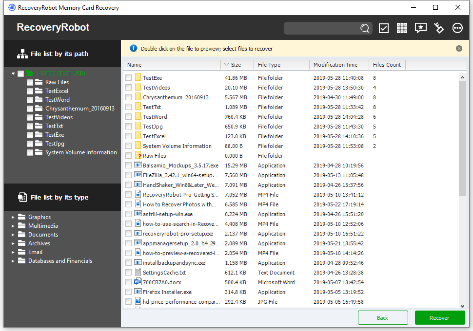 RecoveryRobot Memory Card Recovery - Scan Results List