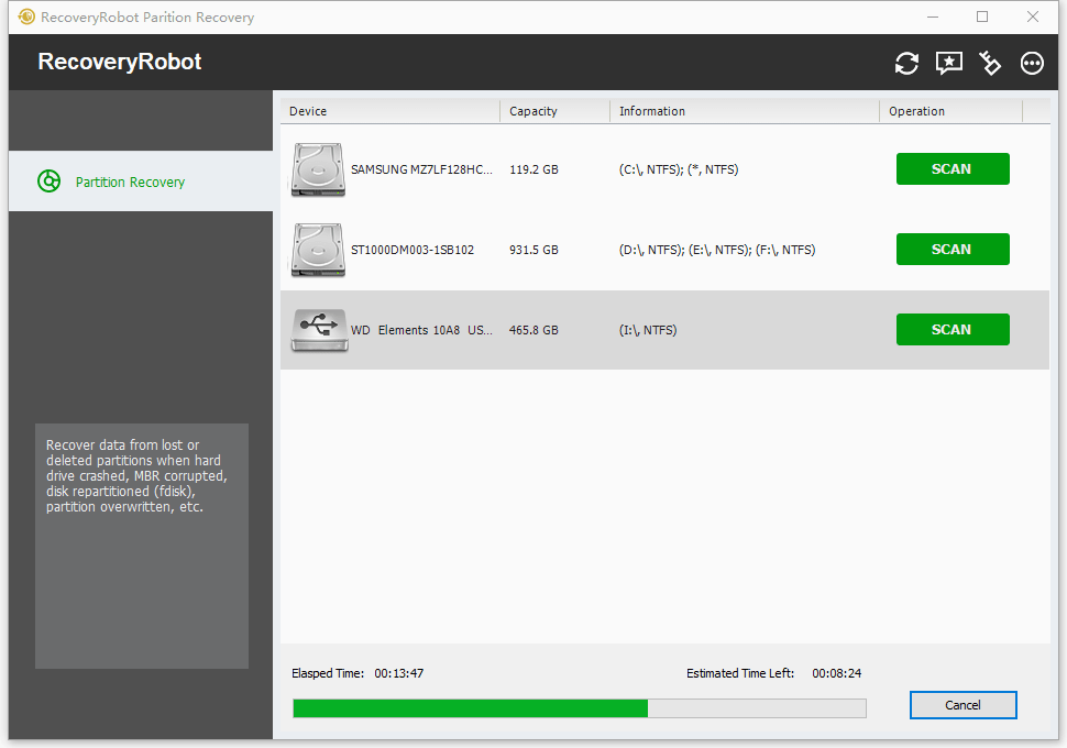 RecoveryRobot Partition Recovery - Scan in Progress