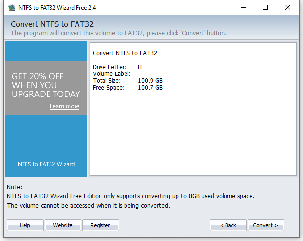 Convert NTFS to FAT32 - Confirm Selection