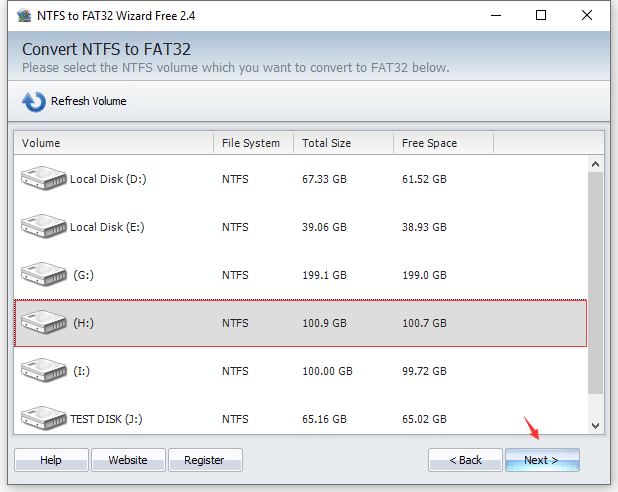 Convert NTFS to FAT32 - Select Partition