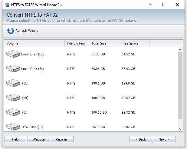 NTFS to FAT32 Wizard - Partition List